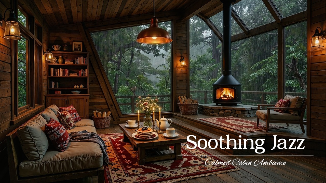 Tranquil Jazz In Forest Cabin Ambience - Therapy Jazz Relaxing Music and Rain for Healing Mood