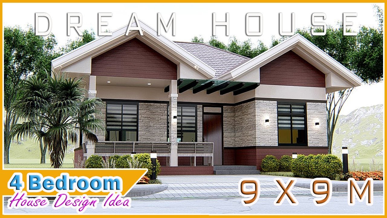 HOUSE DESIGN IDEA | 9 X 9 meters ( 29.5 x 29.5 ft) | 4 Bedroom with 2 Toilet and bath