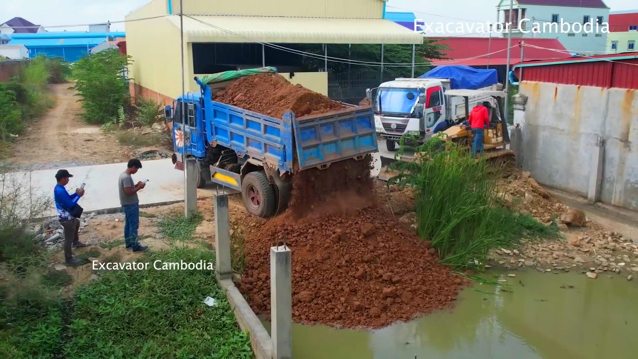 Amazing Best Mini Trucks Unloading Soil And Small Dozer Mitsubishi Pushing Landfill In Pond 5 X 20m