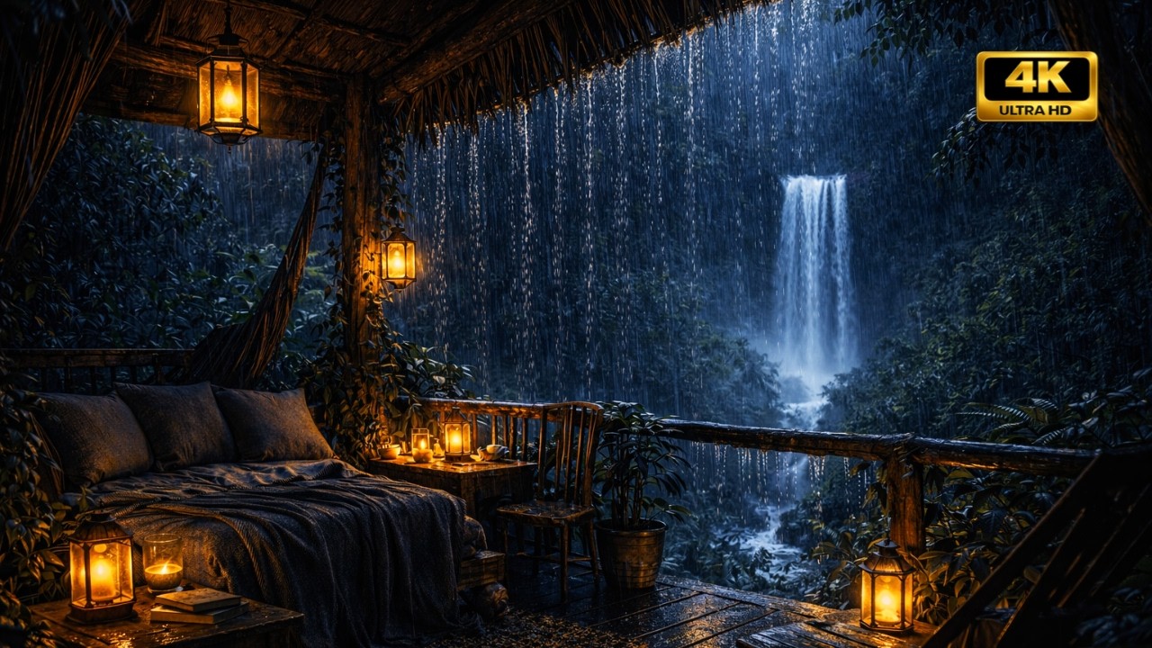 JUNGLE MONSOON SLEEP SOUNDS | Heavy Rain + Thunder + Waterfall | Moonlit Treehouse | 3 Hour