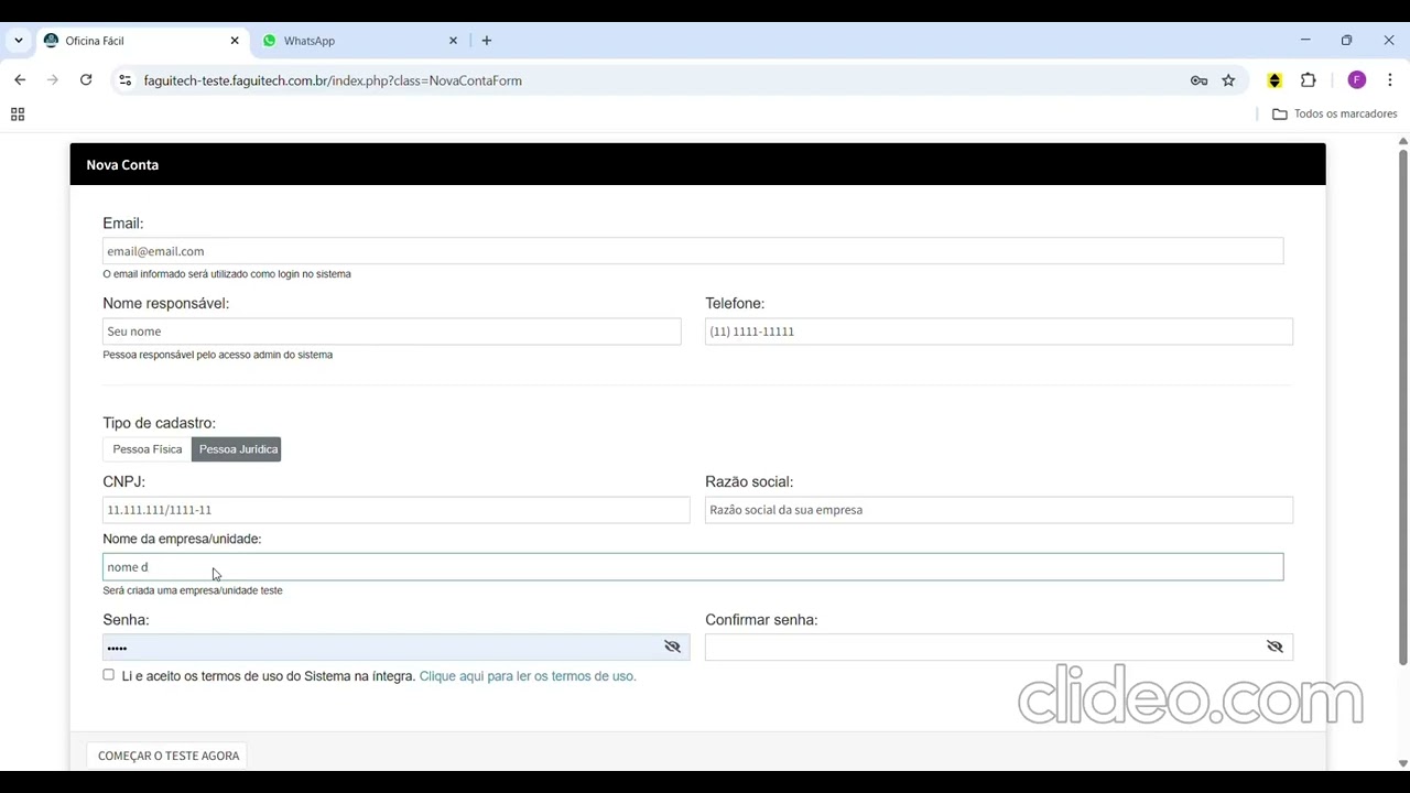 Primeiro Login Oficina F&aacute;cil