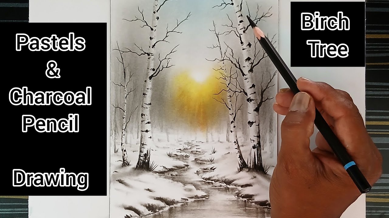 Winter nature birch trees sunset mode landscape drawing by pastels and pencil.