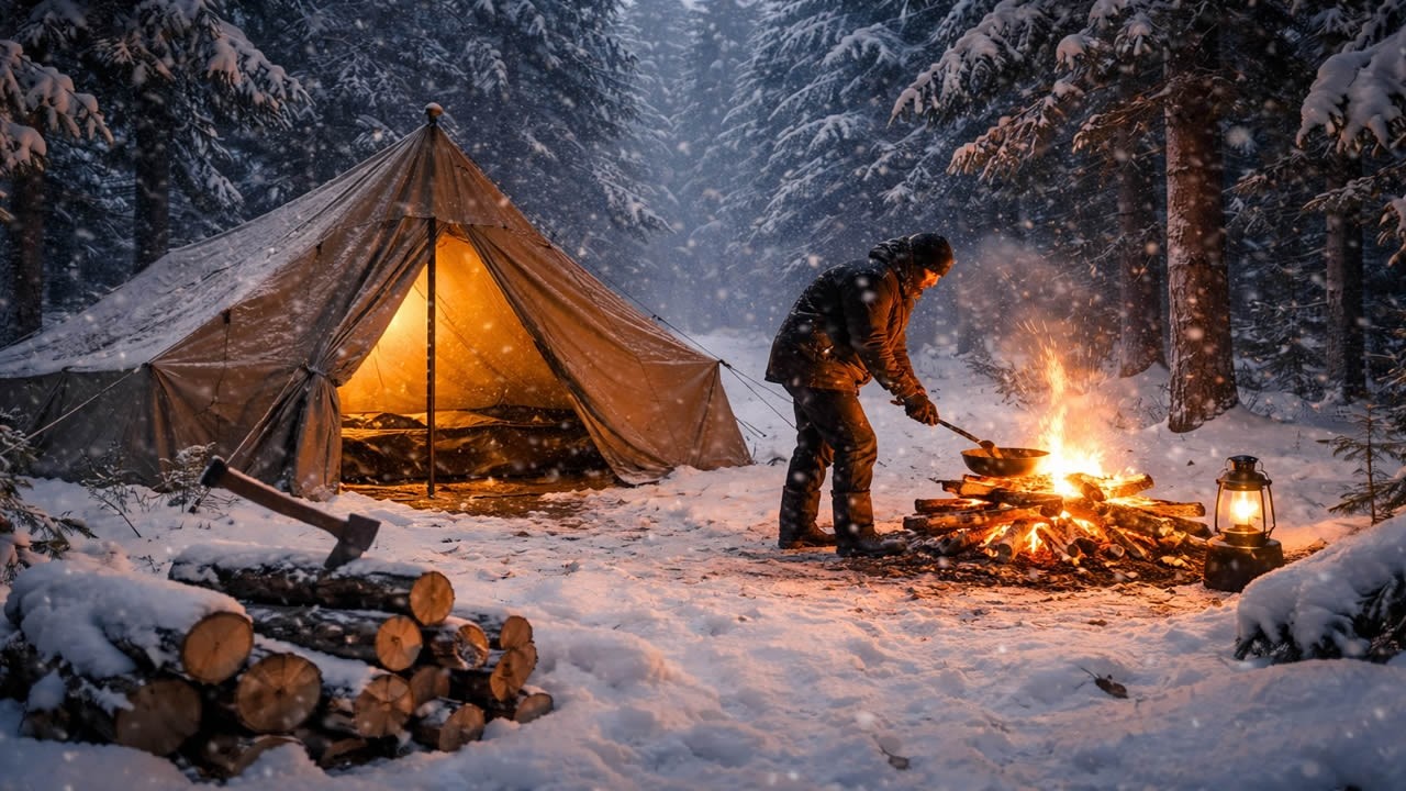 Solo Blizzard Camp ❄️🔥 Vintage Hot Tent & Forest Cooking