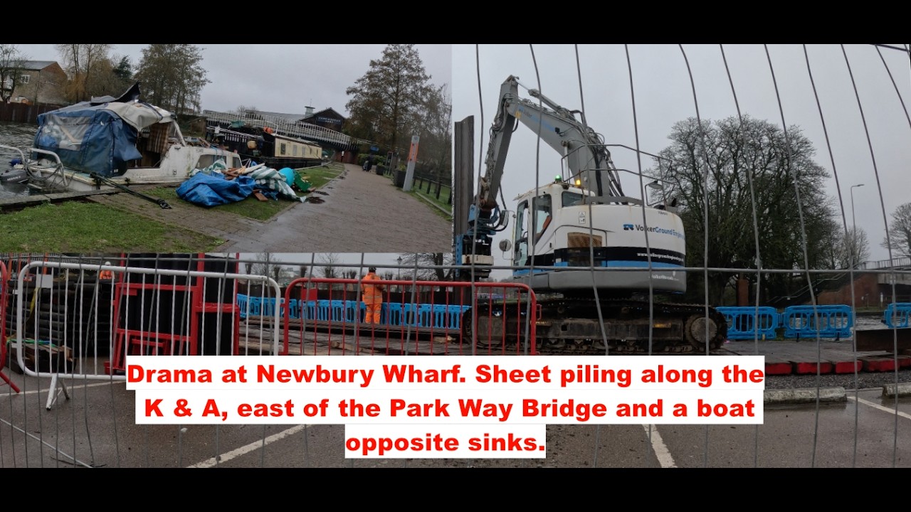 Drama at Newbury Wharf. Sheet piling along K & A, east of the Park Way Bridge, boat opposite sinks.