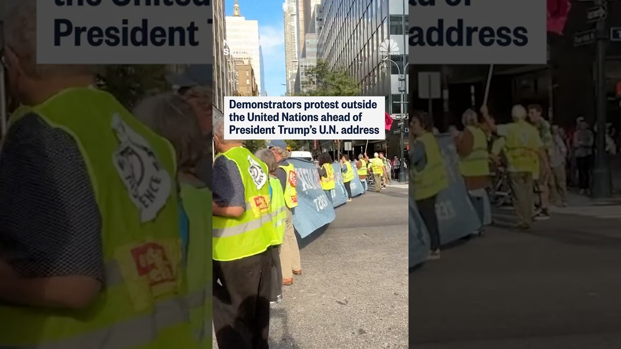 Demonstrators protest outside the United Nations ahead of President Trump's U.N. address