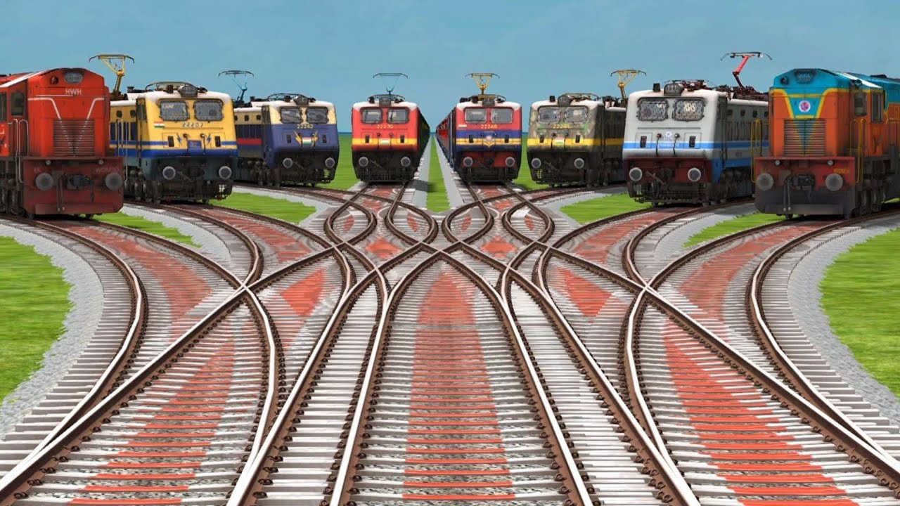 8 Indian Train Running Railways High Speed || At On Bumpy Forked Railroad Crossing Tracks 