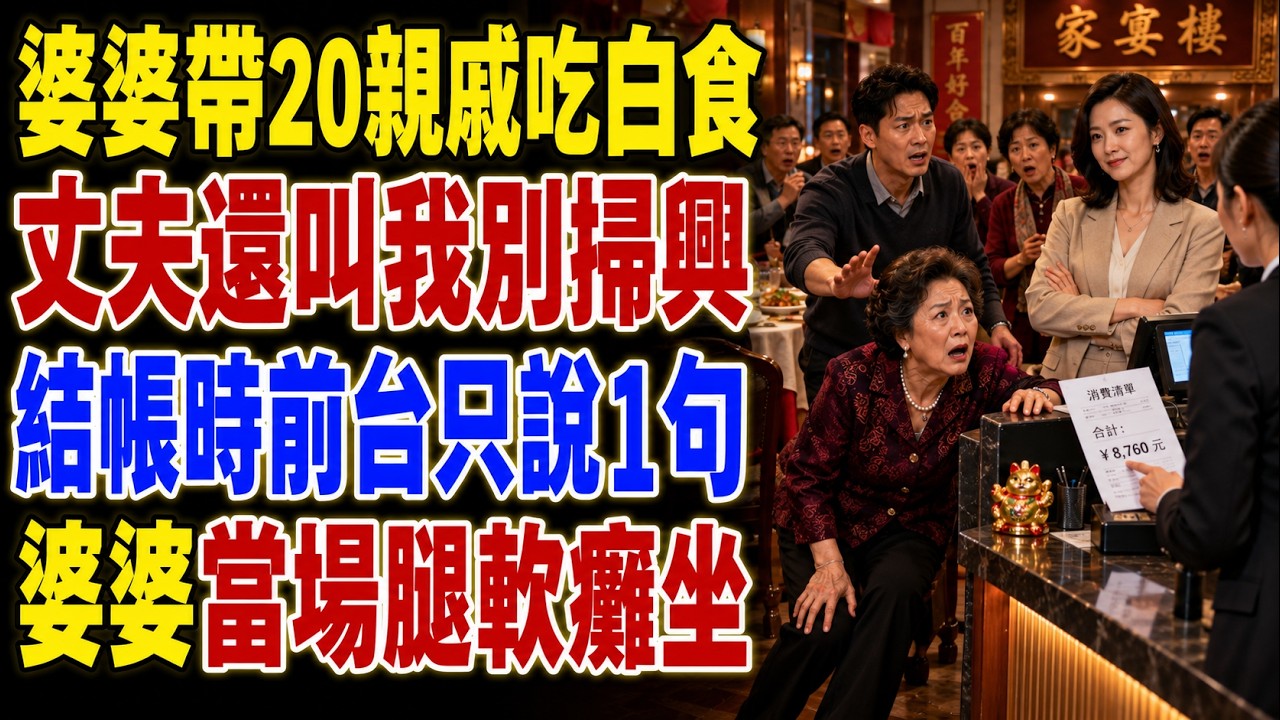 【完結爽文】婆婆帶20個親戚到我爸媽餐館擺家宴，吃完竟帶頭直接走：兒媳家的店付什麼錢！老公還叫我別掃興。我笑著點頭，結帳時前台只說1句話，婆婆腿一軟當場癱坐在地！#家庭情感故事 #婆媳矛盾 #婆媳關係
