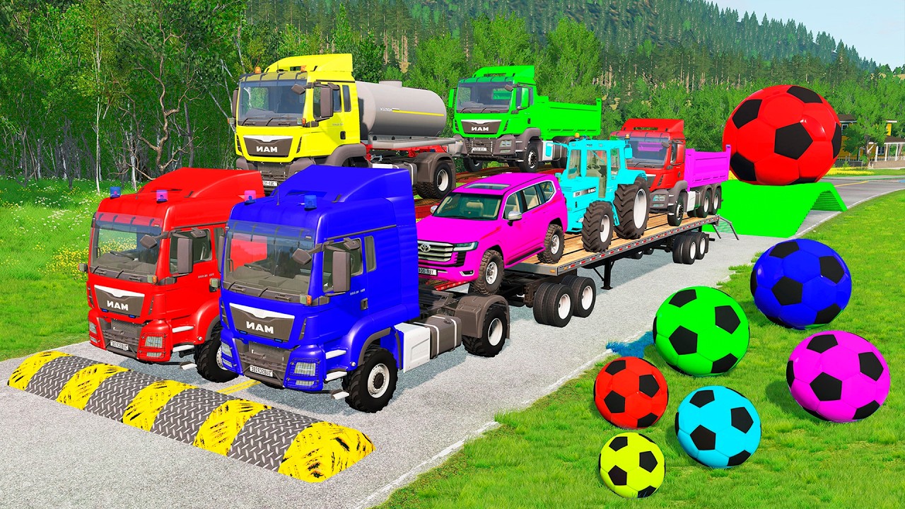 Flatbed Trailer McQueen Transportation with Truck - Speedbumps vs Cars vs Train - BeamNG.Drive #25