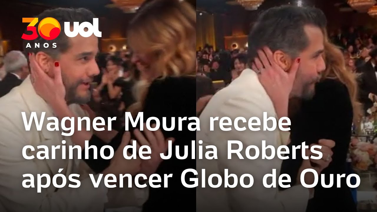 Wagner Moura recebe carinho de Julia Roberts ap&oacute;s vencer Globo de Ouro por 'O Agente Secreto'; v&iacute;deo