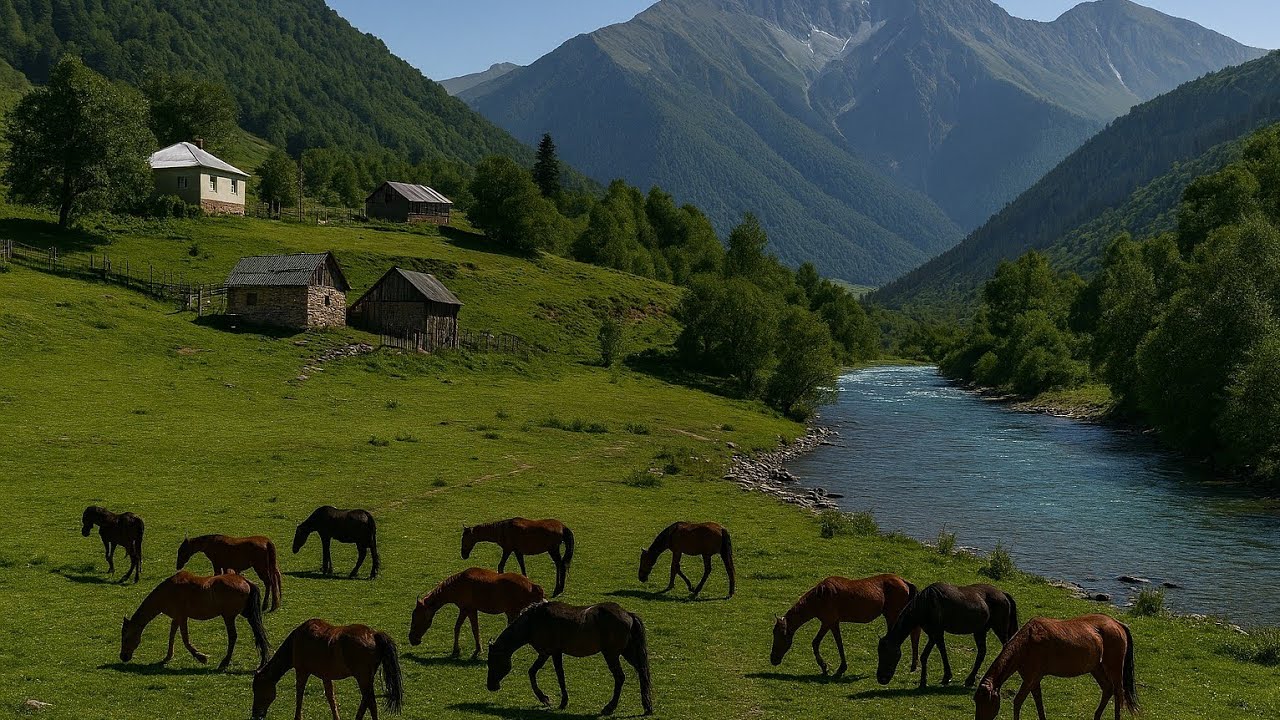 Деревенская жизнь | Уборка двора и наблюдение за лошадьми | Спокойная сельская природа и звуки реки