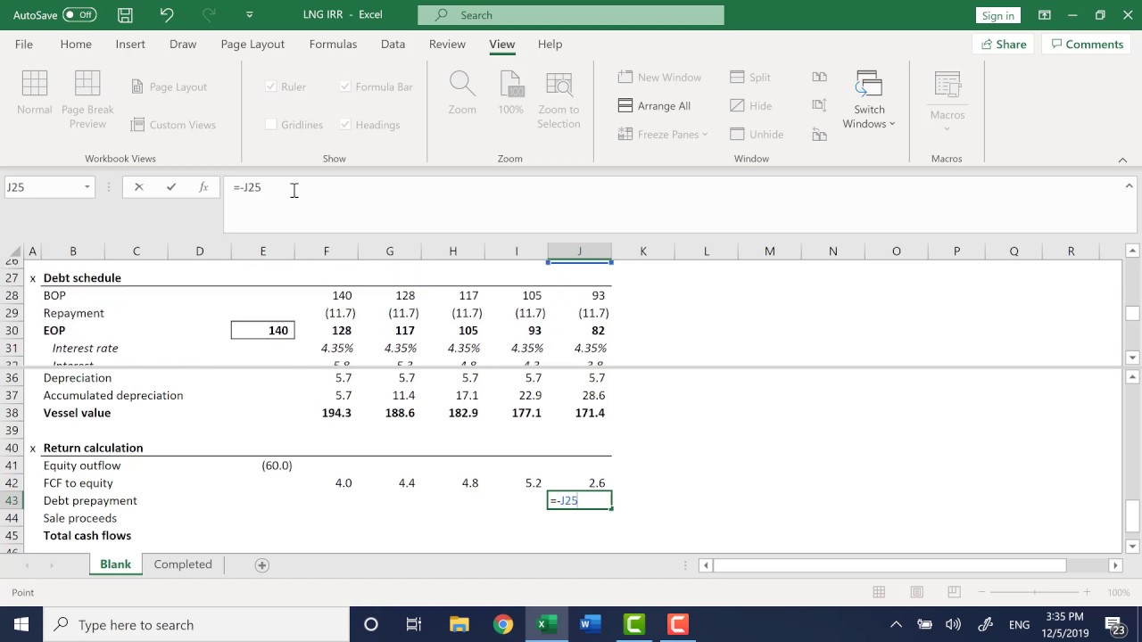 Financial modeling tutorial: cash flow projection and IRR calculation for a shipping project