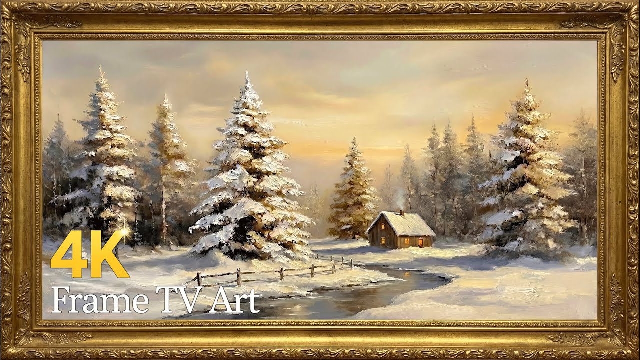 Vintage Winter Sunset Landscape Oil Painting | Gold Frame TV Art Screensaver | 2 Hours