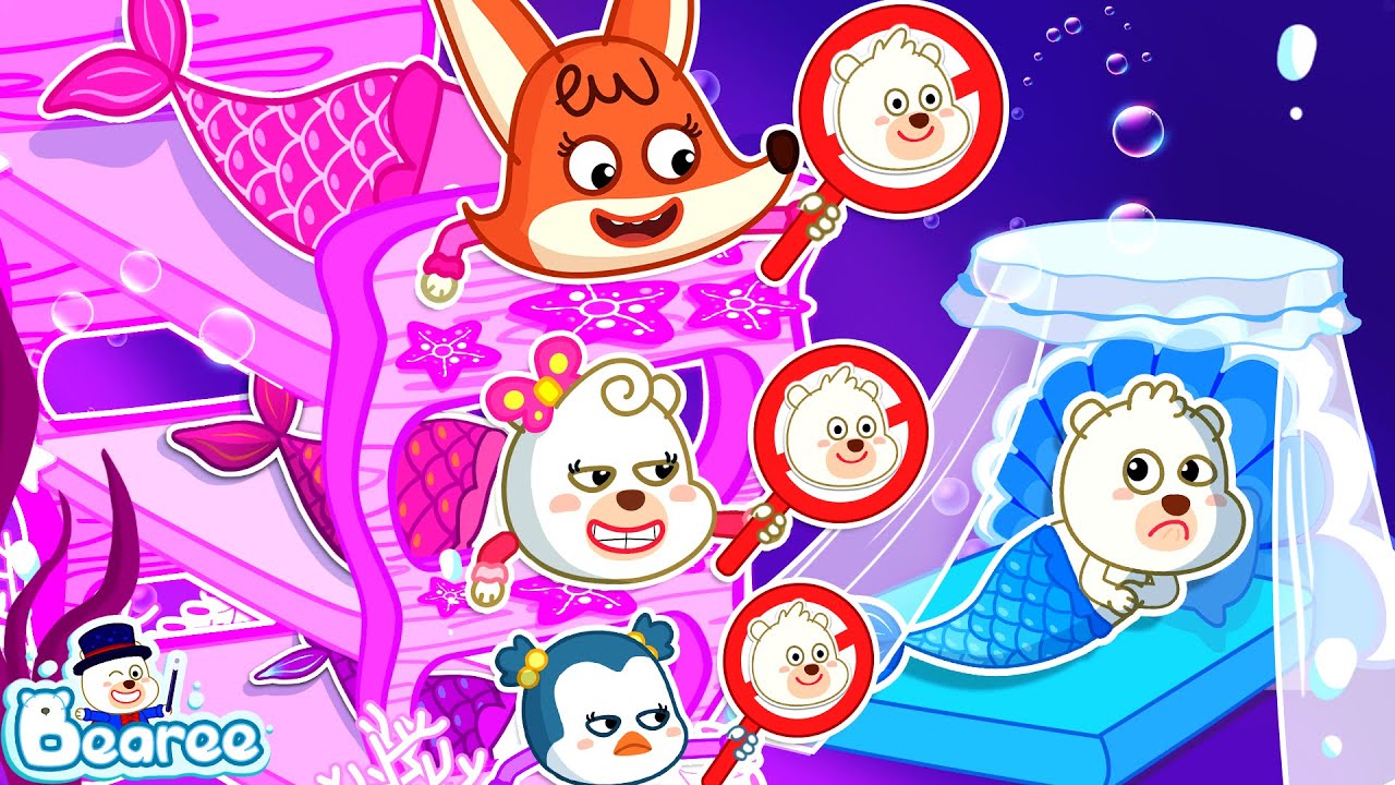 Let Blue Mermaid Play Along!🥺 Bearee Wanna Join Girls ONLY Pink Bunk Bed Party | Bearee Kids Show
