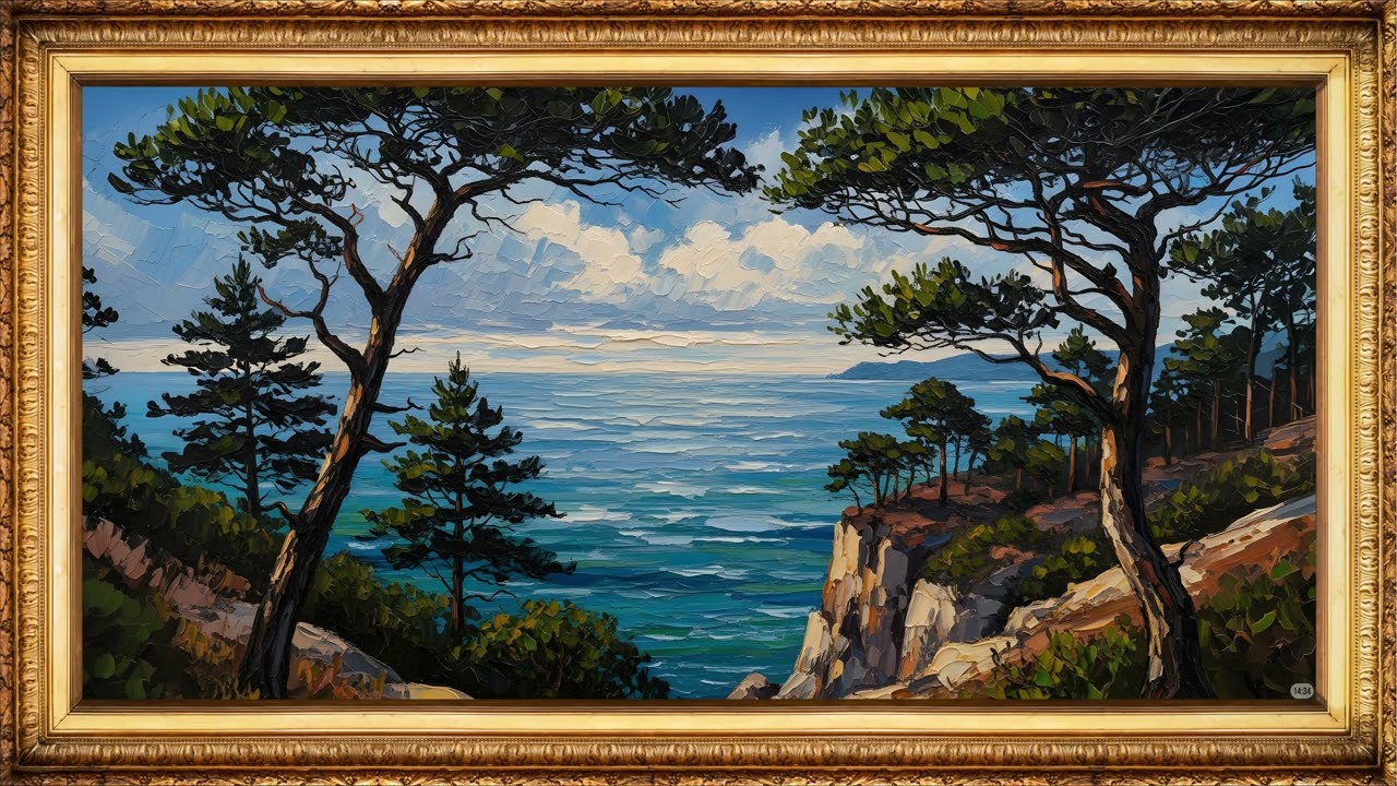 4K TV Wallpaper Art Display | Sea & Tree Framed - Calm Gallery Screen (Pomodoro Focus Timer)