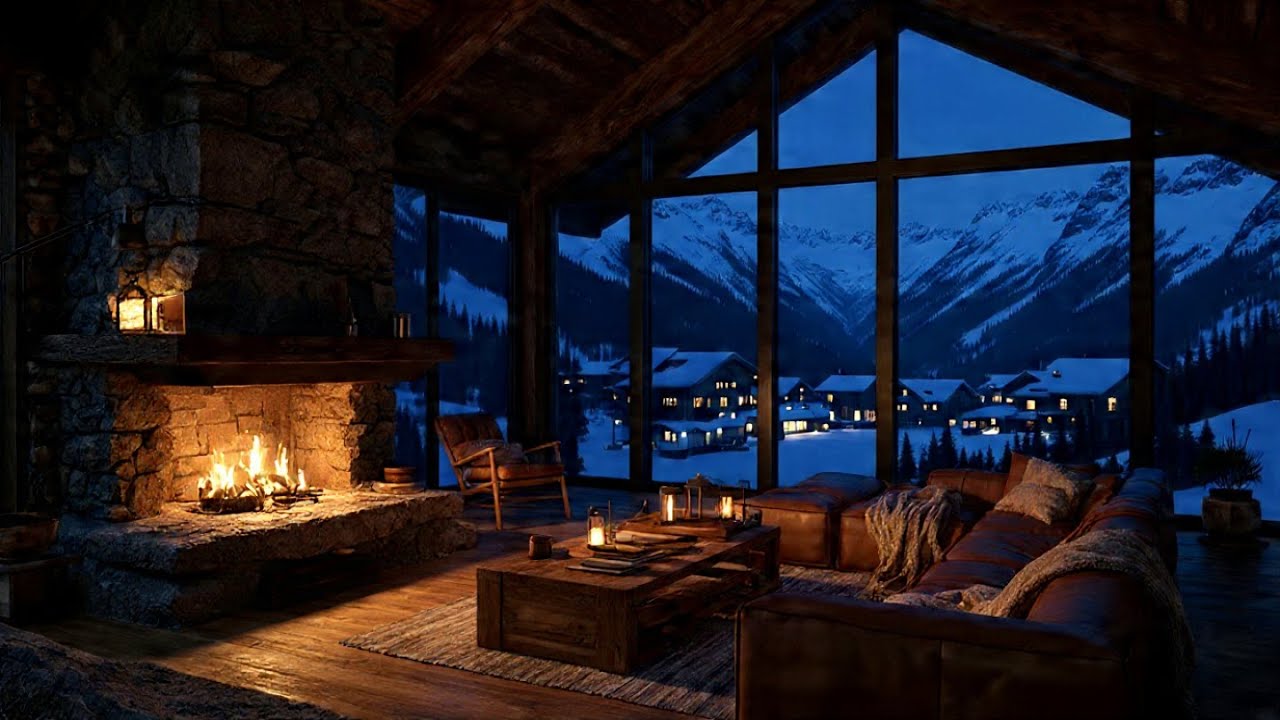 Cozy Cabin Ambience Snowy Mountain Night Fireplace Sounds Deep sleep relaxation Warm Night Vibes
