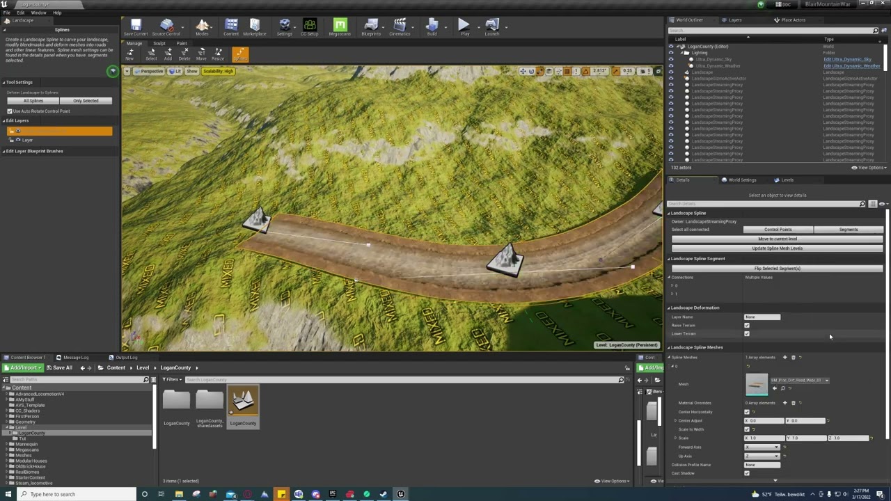 Unreal Engine - World Composition and placing roads/objects (Tiled Landscape)