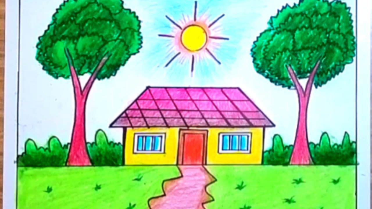 How to draw scenery of easy house|| Easy nice scenery drawing |||