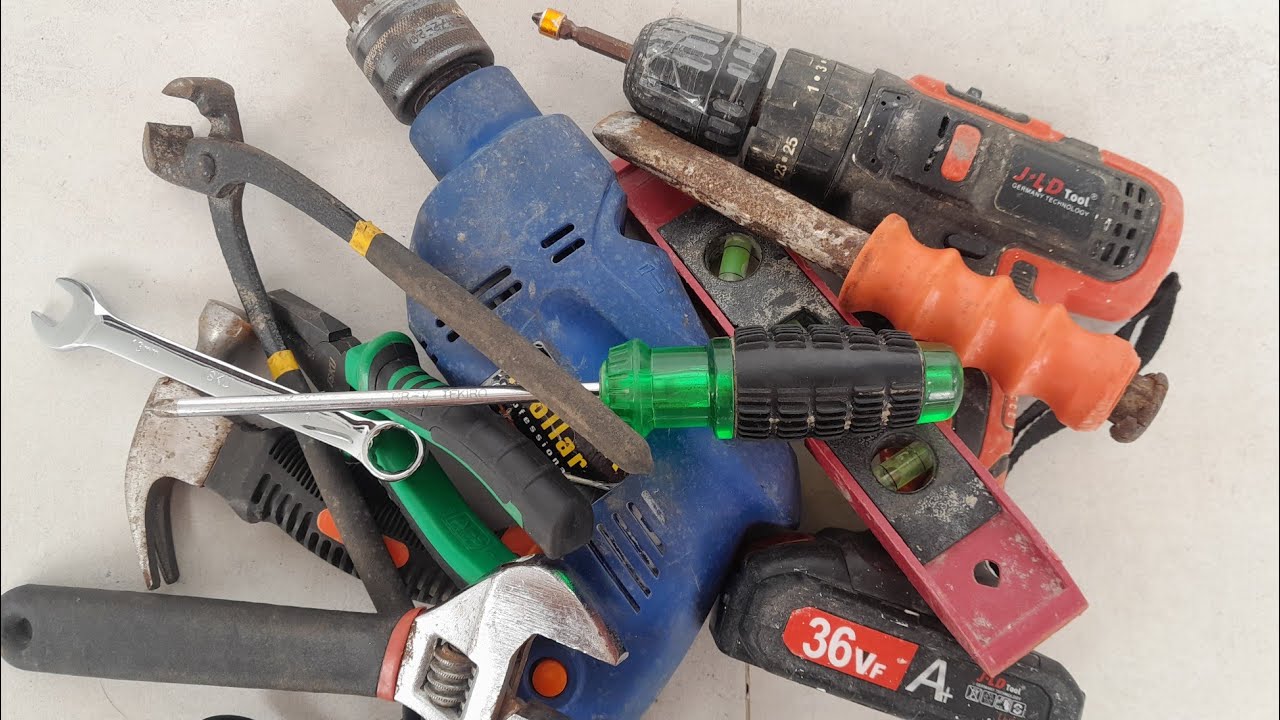 Engineering Tools Collection, Drill, Grinder, Hammer, Screwdriver, Pliers, Wrench, Cutting Pliers