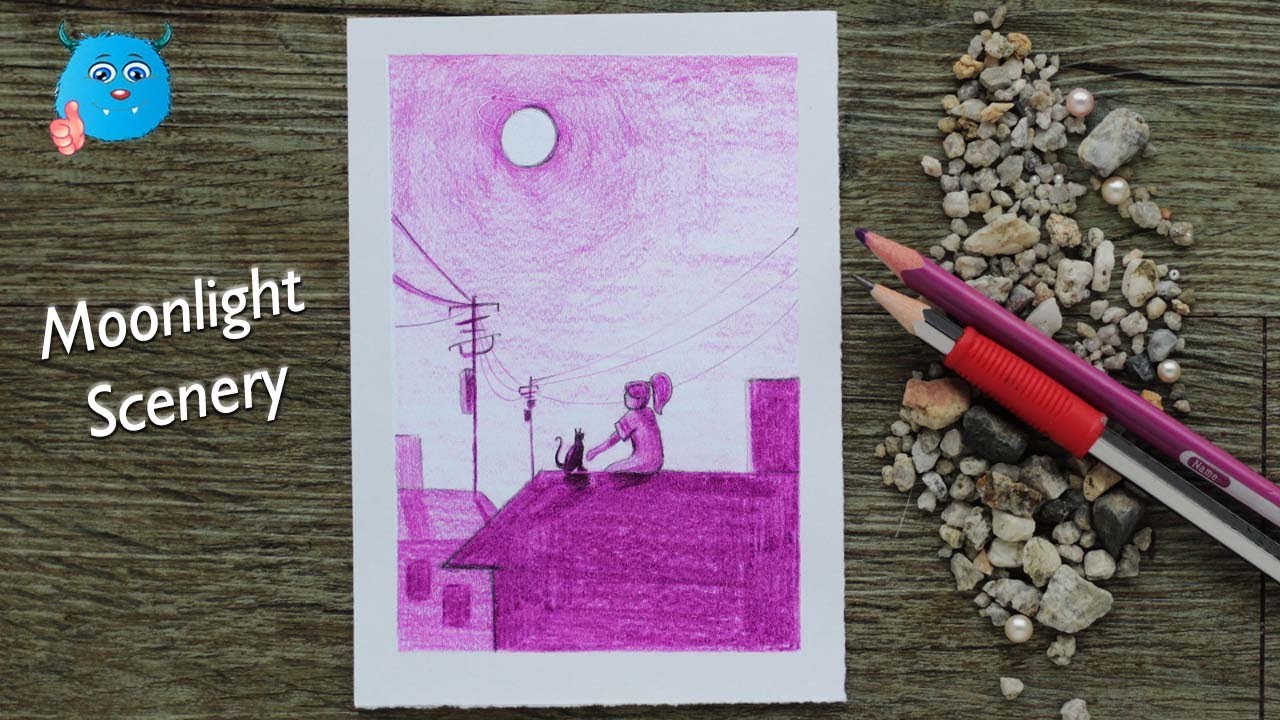 How to Draw Scenery of City Moonlight Drawing for Beginners in One Color Easy