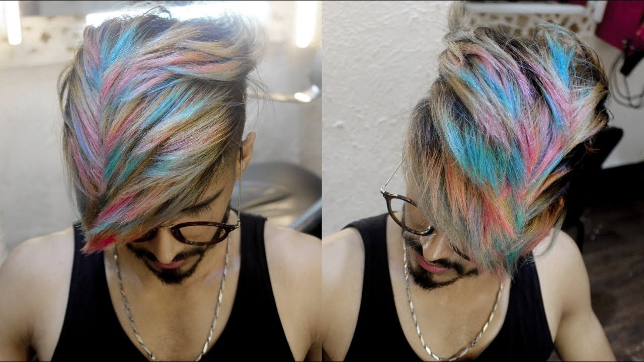 Snow White + Pink + Bubblegum Blue (Rainbow) Highlights Hair Color Transformation 2018 | Ratan Singh