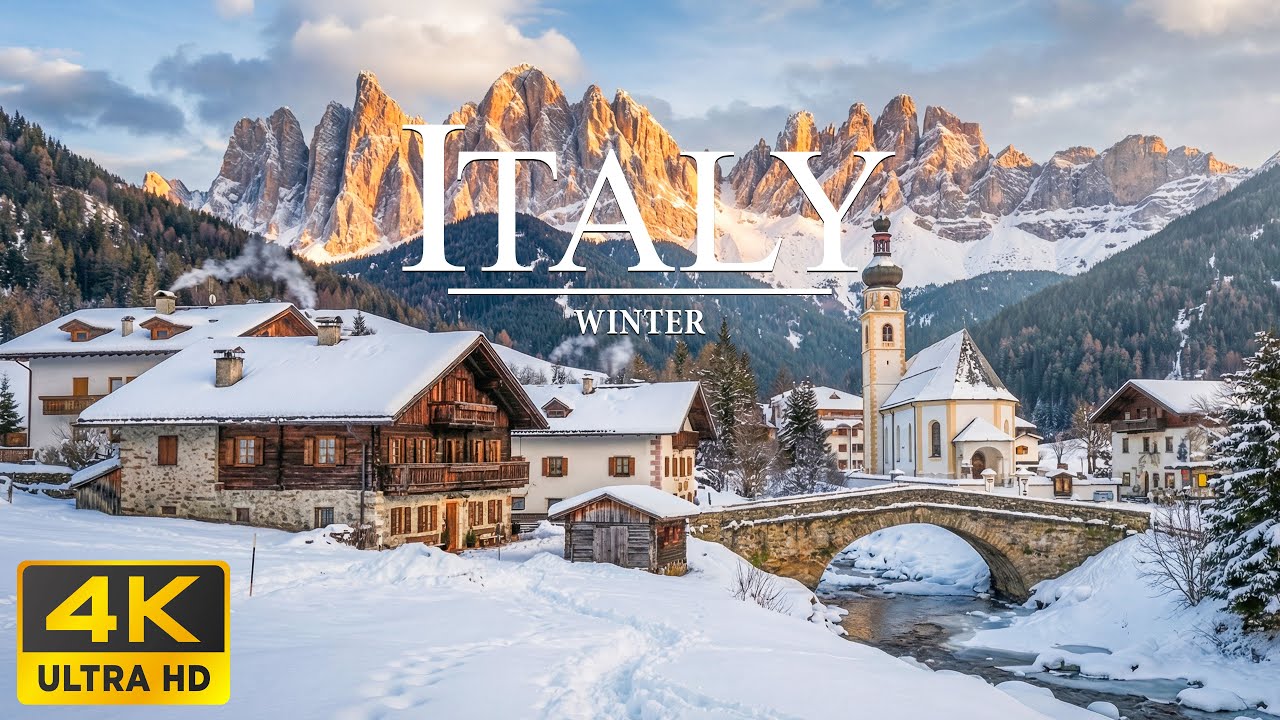 Italy Winter 4K UHD ❄️ Snowy Alps, Historic Cities & Peaceful Countryside Landscapes