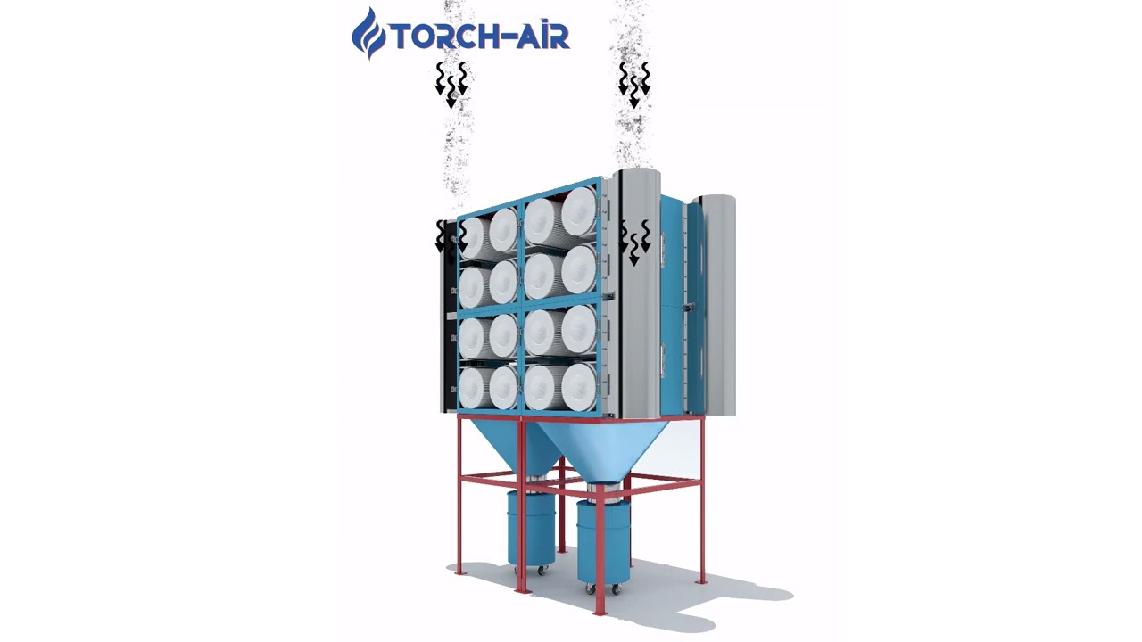 Animation of the Pulse Jet Cartridge Dust Collector for air dust collection. Model FOEHN Modular