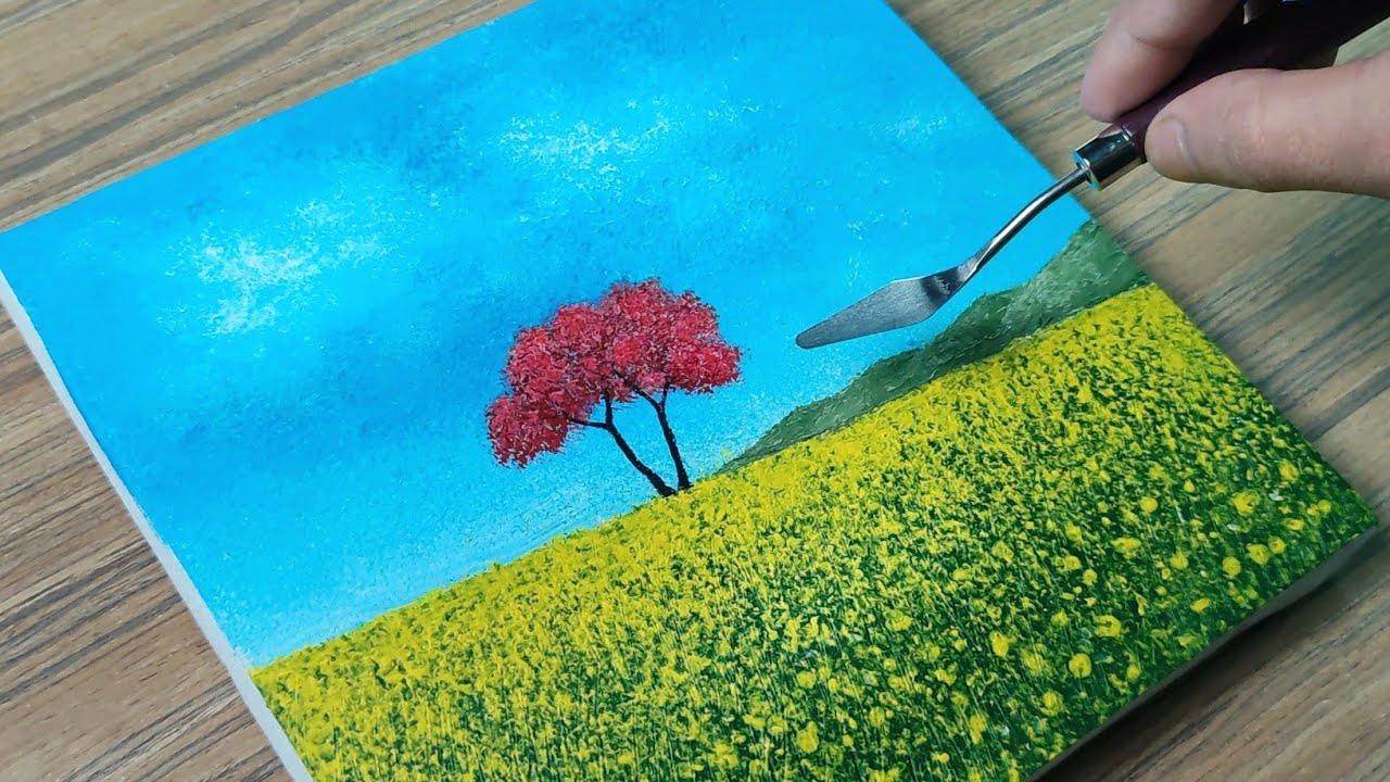 How to paint a country field / Acrylic painting techniques / Painting a red tree