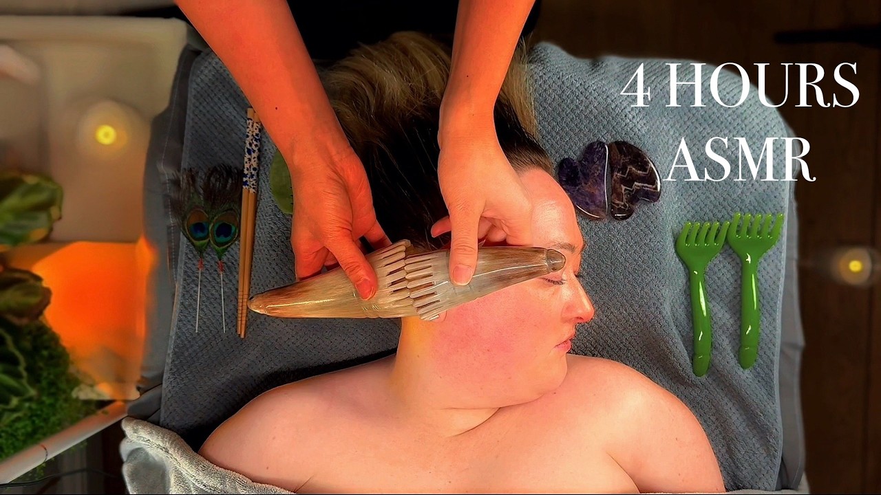 4 Hours No Talking ASMR | Hair Play, Back Tracing & Massage (Rain Sounds/No Talking)