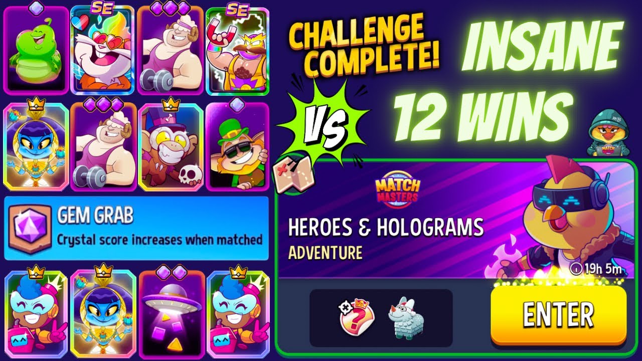 Adventure Heroes & Holograms | Match Masters Gem Grab + Rainbow | INSANE 12 WINS