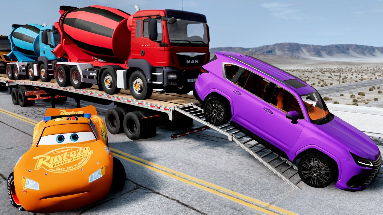 Flatbed Truck Mcqueen  Transportation with Truck   Pothole vs Car #36  BeamNG Drive 3