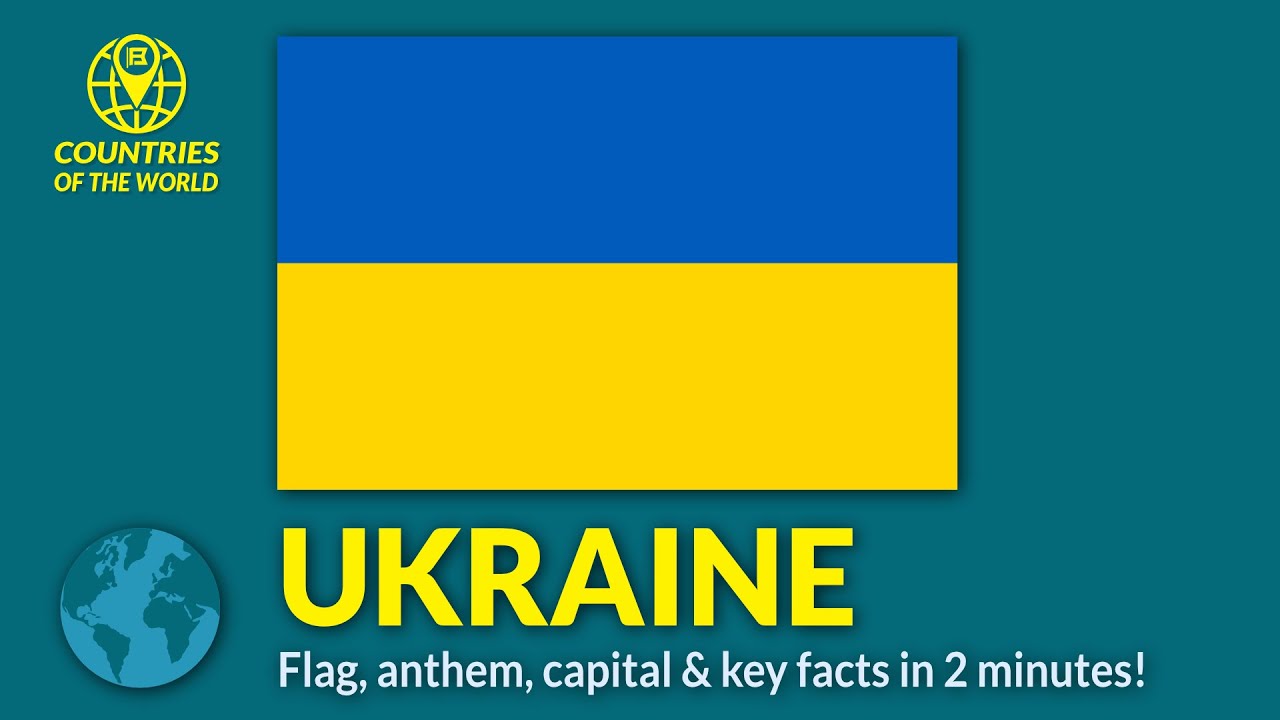 Flag of Ukraine with national anthem, capital city, area, currency info