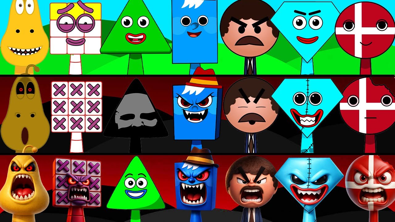Incredibox Sprunki OC Phase 1 to Phase 3 Timmy Triangle, Yellow Larva, Diamond, Denmark, Joe