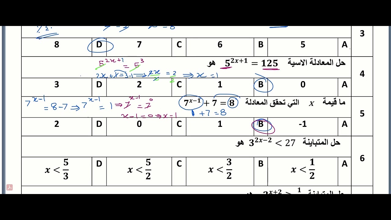 اختبار باب العلاقات والدوال الأسية واللوغاريتمية الباب الثاني ثالث ثانوي