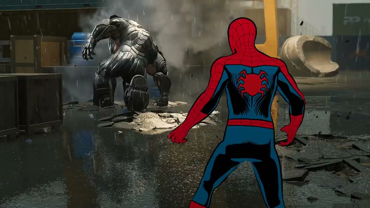 Vintage Spider Man swinging through rainy New York