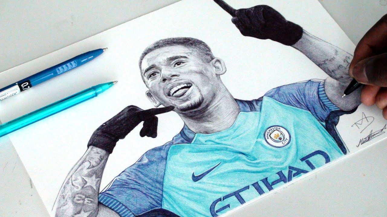 Gabriel Jesus Pen Drawing - Manchester City - DeMoose Art