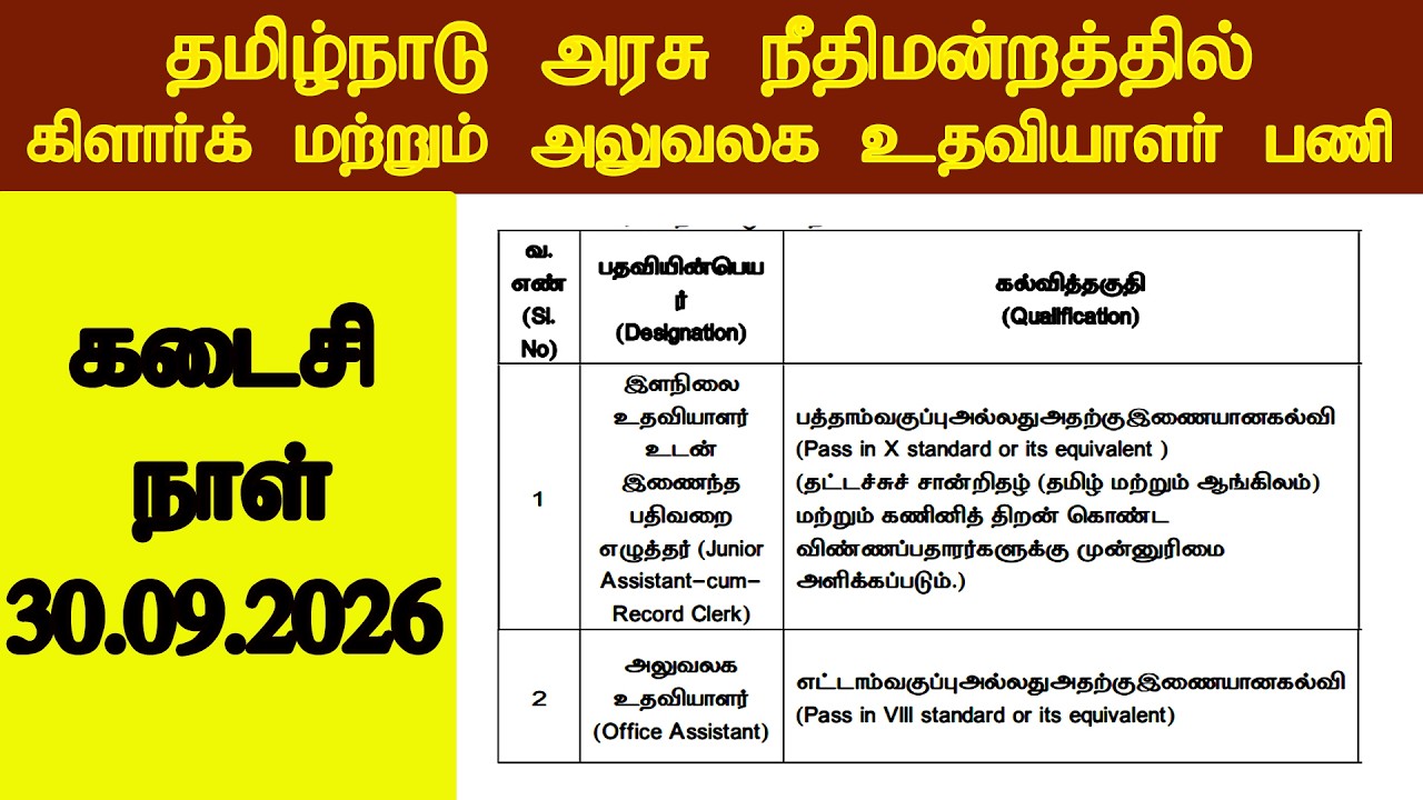 Tamil Nadu Government Court Record Clerk and Office Assistant Job Notification 2026