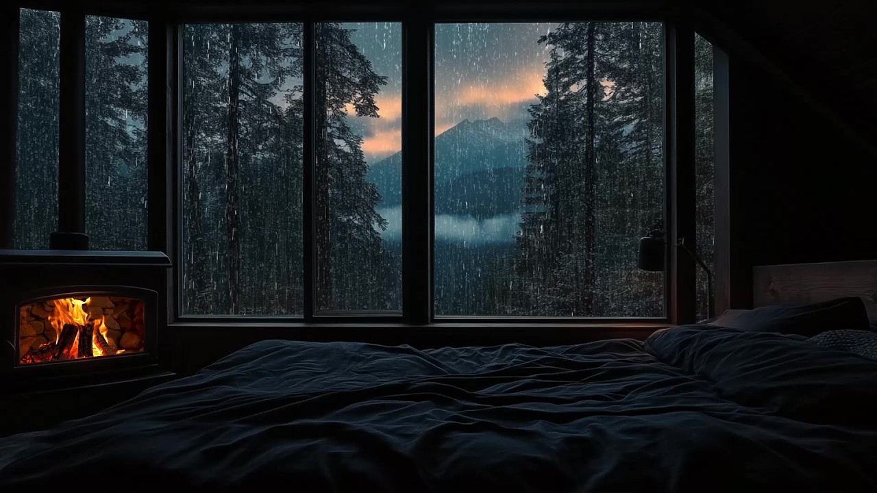 Cozy Rainy Night Piano in Mountain Cabin 🌧️ | Fireplace Warmth & Forest View | Relax Sleep