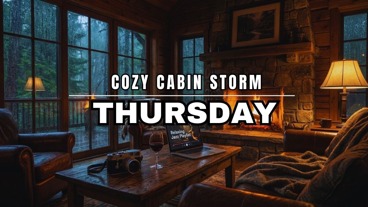 🔴 Cozy Cabin Storm 🌩️ Dark Smooth Jazz Instrumental to Relax at Night [No Copyright]