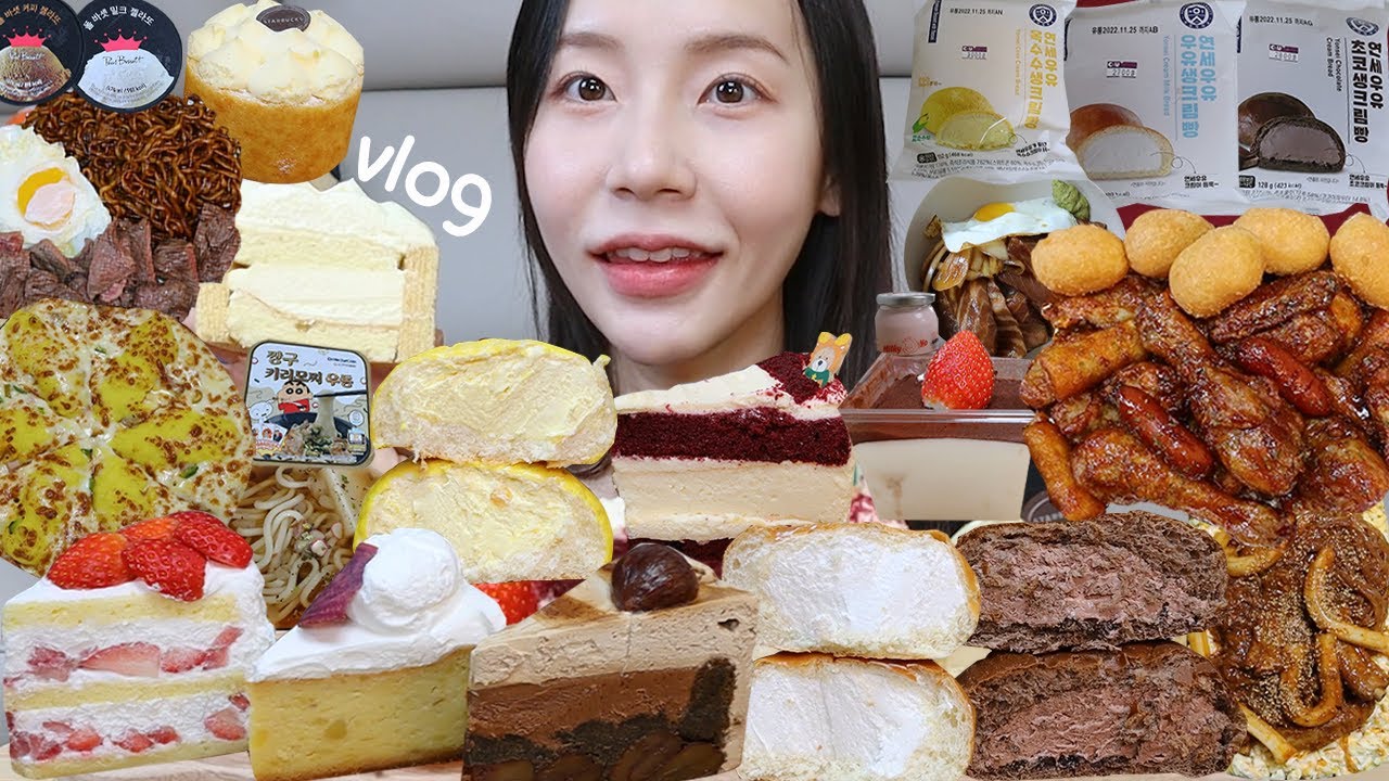 먹방 브이로그) 드디어 돌아온 딸기의 계절🍓 (비비큐 자메이카 소떡만나, 스타벅스 케이크, 딸기 생크림 케이크, 짜파게티, 소고기, 폴바셋젤라또, 연세우유크림빵, 디저트 먹방)
