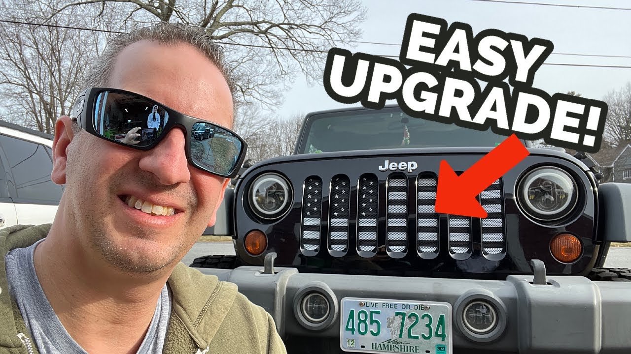Установка потрясающей вставки в решетку радиатора Jeep Wrangler American Flag