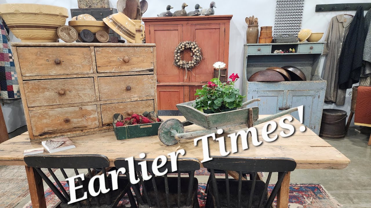 EARLIER TIMES, STUNNING ANTIQUES & FOLK ART SHOW! PRIMITIVE DECORATING IDEAS ARNETT SANTAS