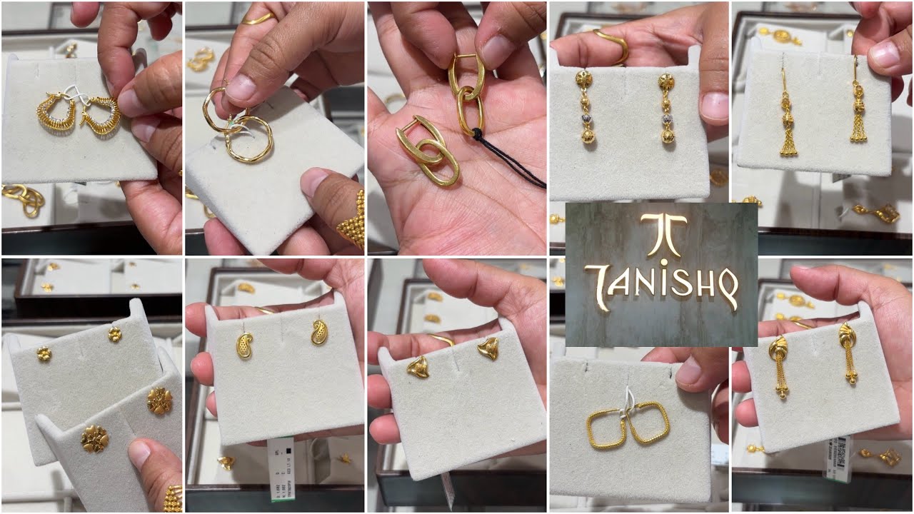 Последние модели повседневных очень легких золотых сережек Tanishq: серьги-гвоздики / кольца / по...