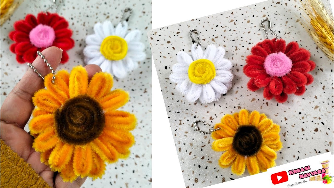 Gantungan Kunci Bunga Dari Kawat Bulu || How To Make Flower Key chain With Pipe Cleaner