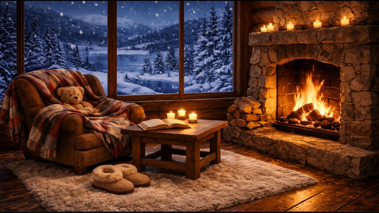 Cozy Cabin Fireplace Ambience ❄️ 8 Hours of Calm Piano Music & Crackling Fire for Deep Sleep