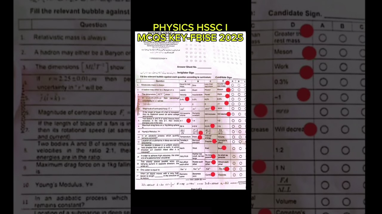 PHYSICS HSSC 1 MCQS ANSWERS| FBISE 2025| Shorts #federalboard #exam #2025 #intermediateexams