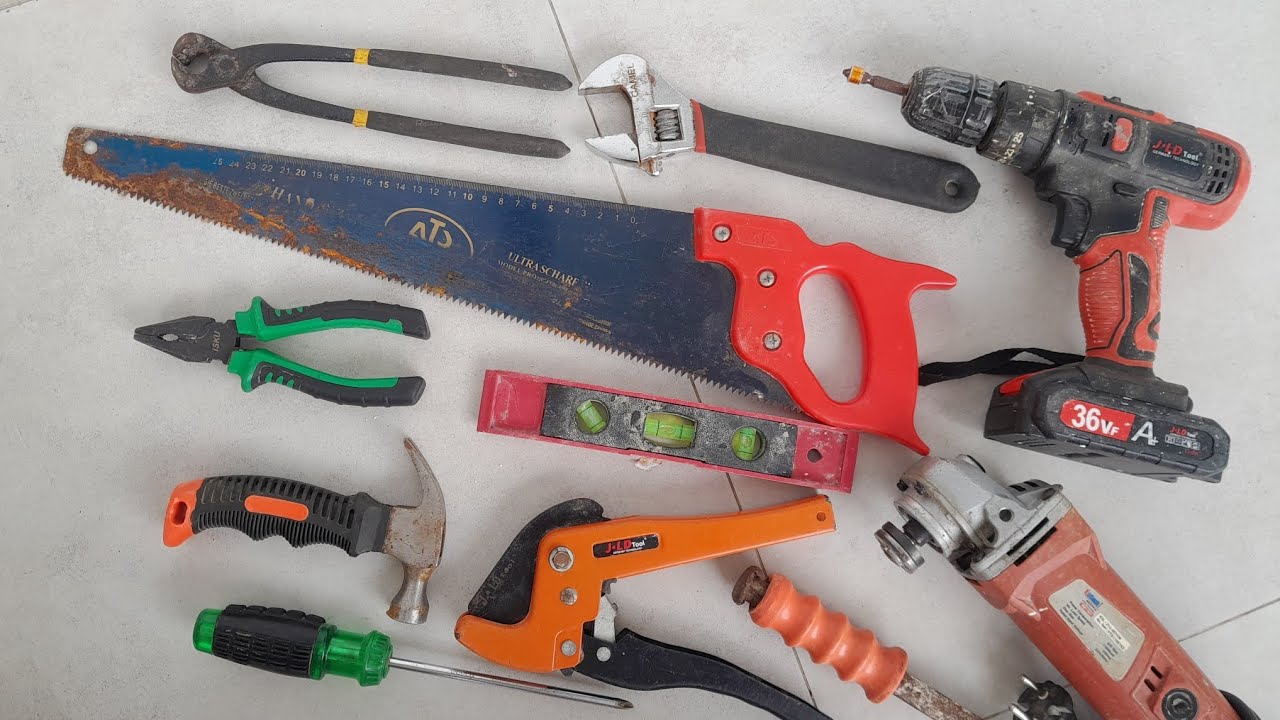 Collection of repair Tolols, Wrench, drill, grinder, scewdriver, pliers