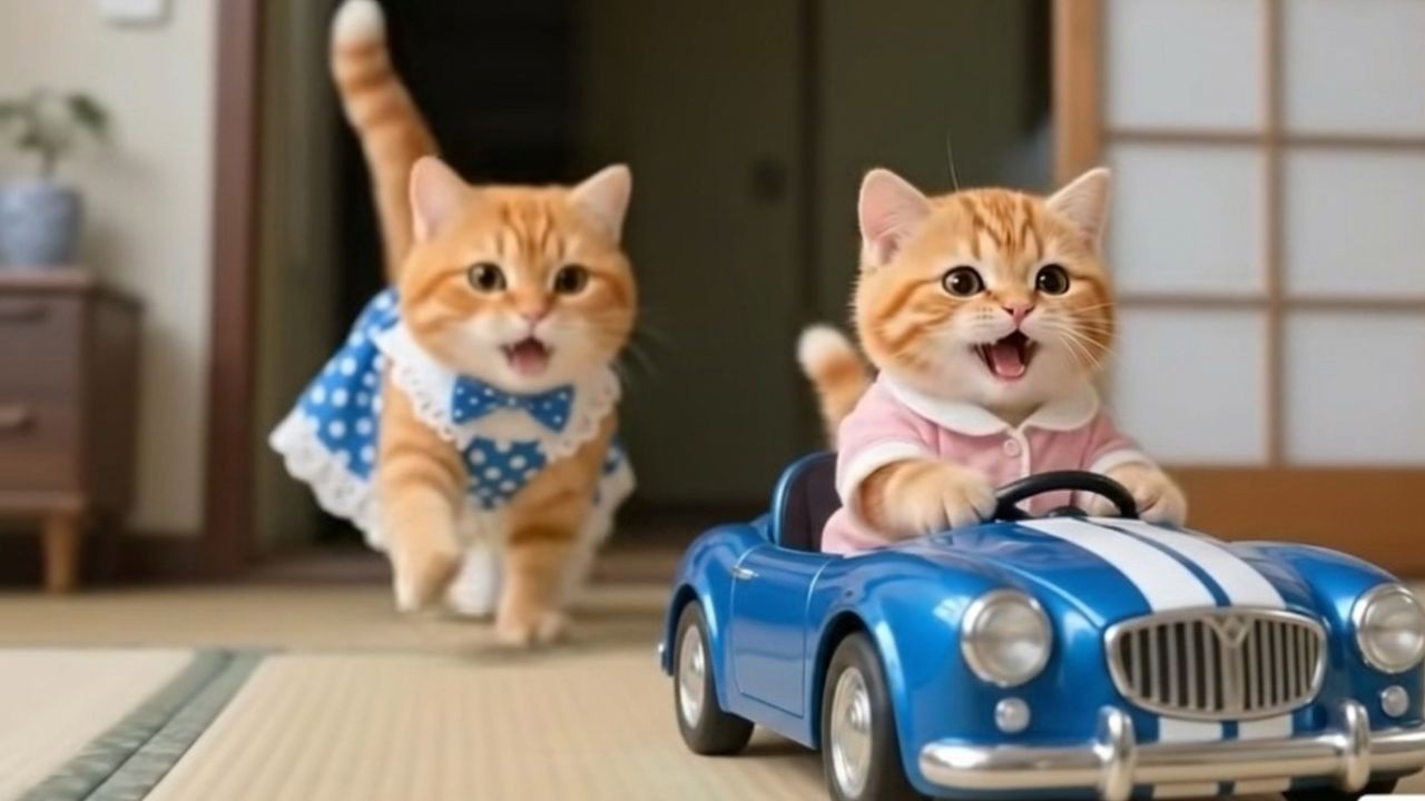 Baby Kitten Drives a Car! | Funny Ginger Cat Family Story 🚗🐱
