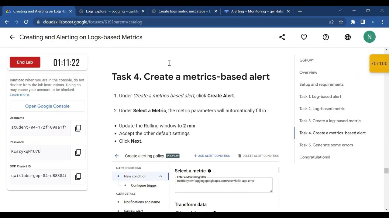 QwikLab : Creating and Alerting on Logs-based Metrics.| 100% score.