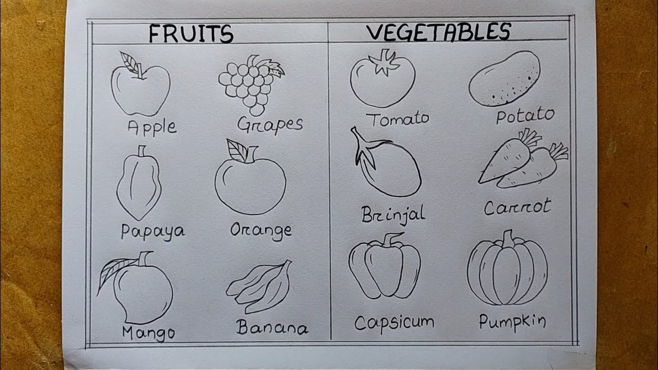12 Different types of Fruits and Vegetables drawing easy| How to draw Different Vegetable and Fruits