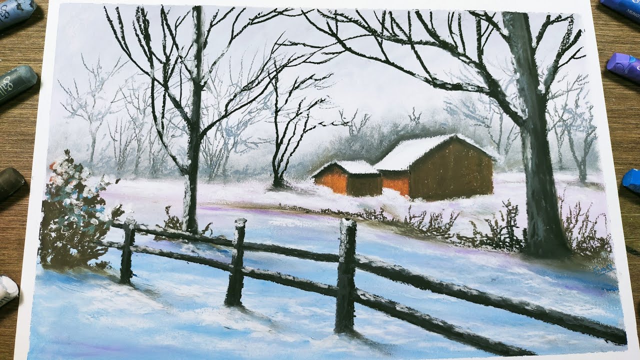 Oil pastel drawing/How to draw winter scenery with oil pastel step by step/winter Cabin Drawing